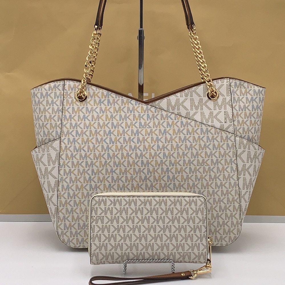 MICHAEL KORS LARGE X CHAIN SHOULDER TOTE & LG FLAT MULTIFUNCTIONAL PHONE CASE - Picture 4 of 16